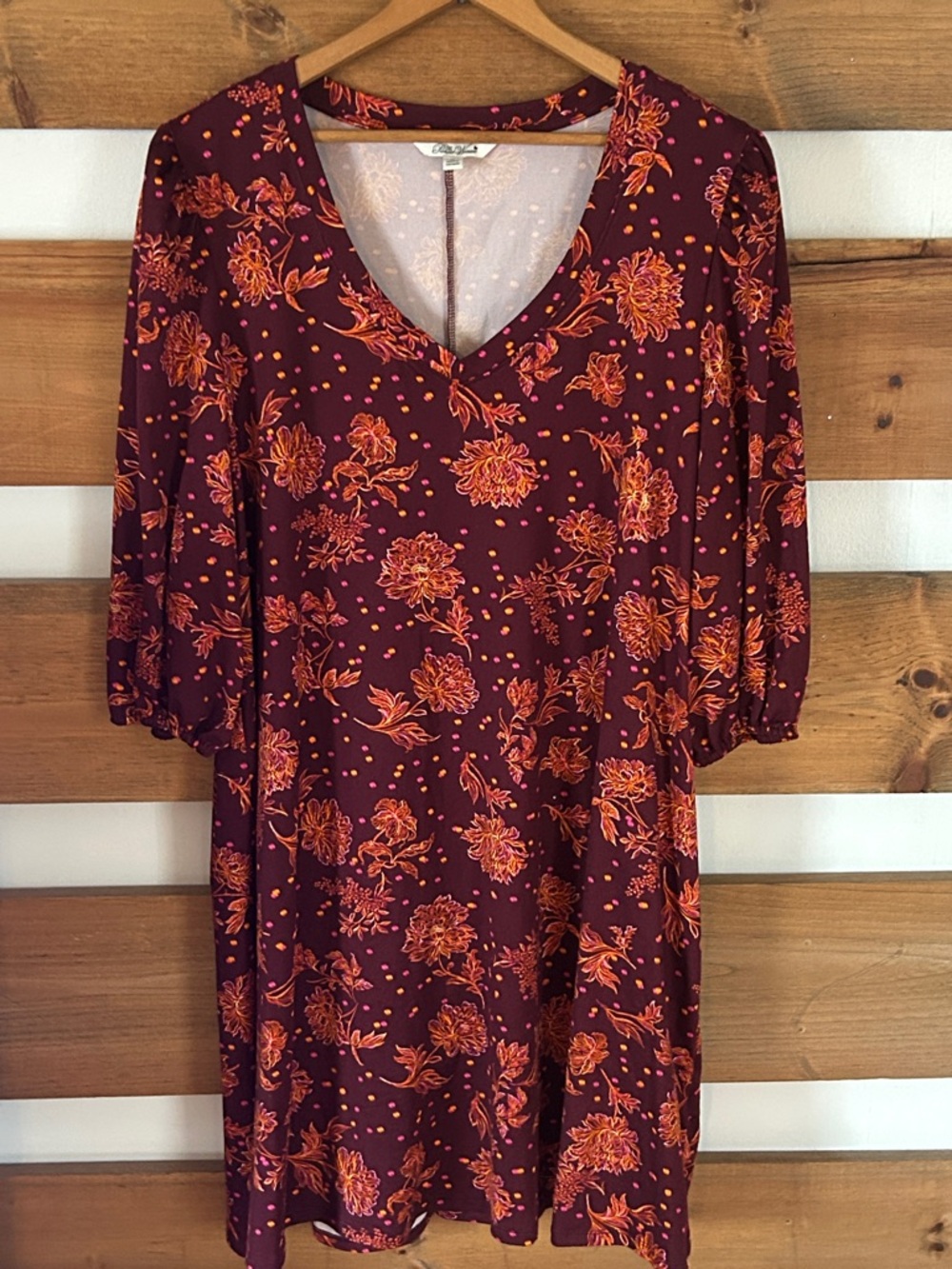 Pioneer Woman Floral Burgundy Dress with Orange Accents Size 1X V-Neck
